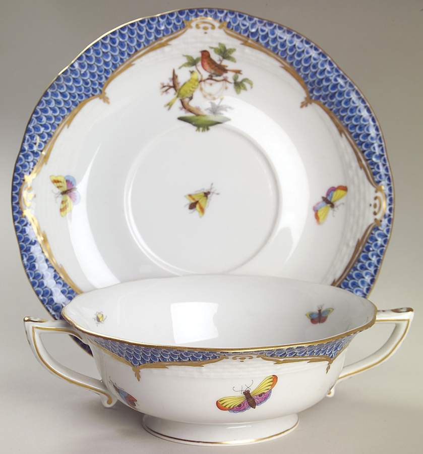 Rothschild Bird Blue Border (ROE ROEB) Footed Cream Soup Bowl & Saucer Set by Herend-1
