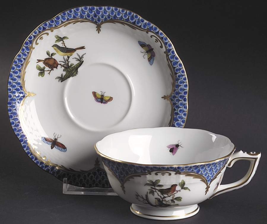 Rothschild Bird Blue Border (ROE ROEB) Footed Cup & Saucer Set by Herend-1