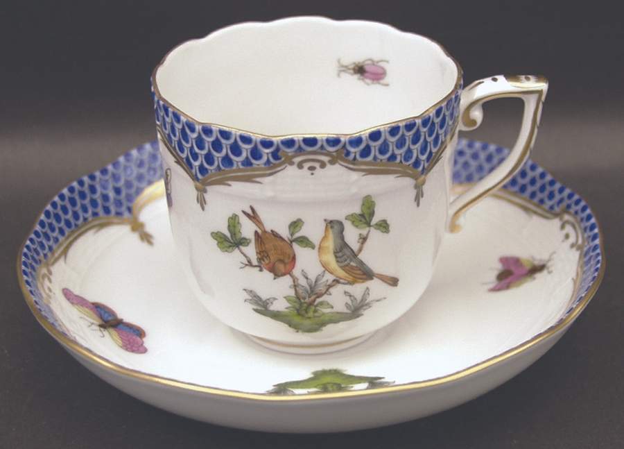 Rothschild Bird Blue Border (ROE ROEB) Chocolate Cup & Saucer Set by Herend-1