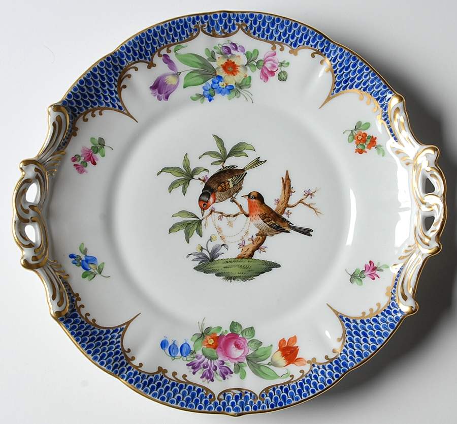 Rothschild Bird Blue Border (ROE ROEB) 8" Round Handled Dish by Herend-1