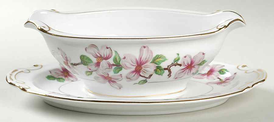 Dogwood Gravy Boat with Attached Underplate by Hira China-1