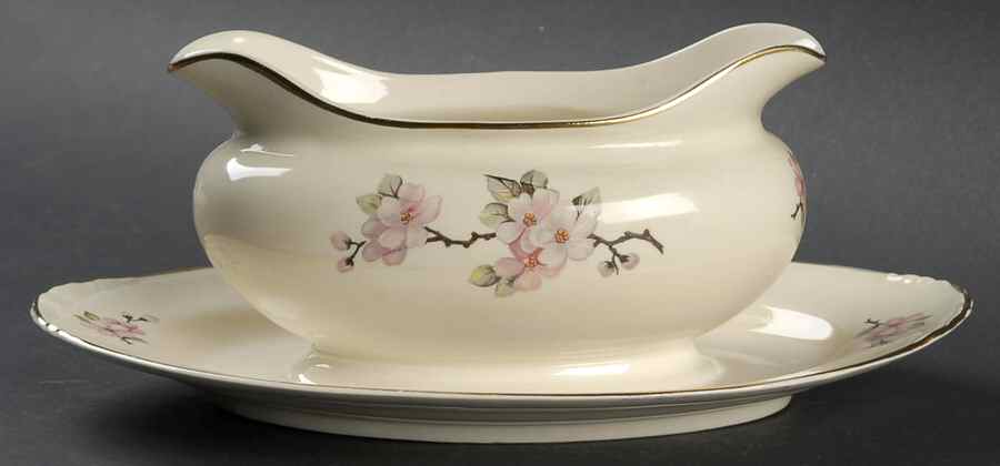 Apple Blossom Gravy Boat with Attached Underplate by Homer Laughlin -1