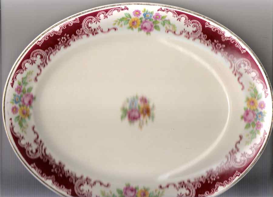 B1312 (Thich Red Panel & Scroll Rim) 11" Oval Serving Platter by Homer Laughlin -1