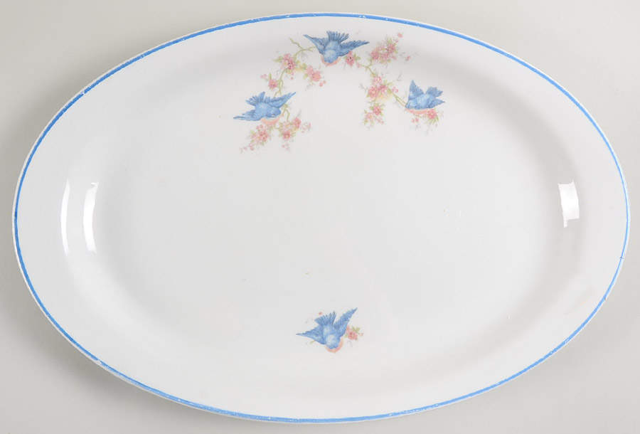 Bluebird (Blue Trim) 14" Oval Serving Platter by Homer Laughlin -1