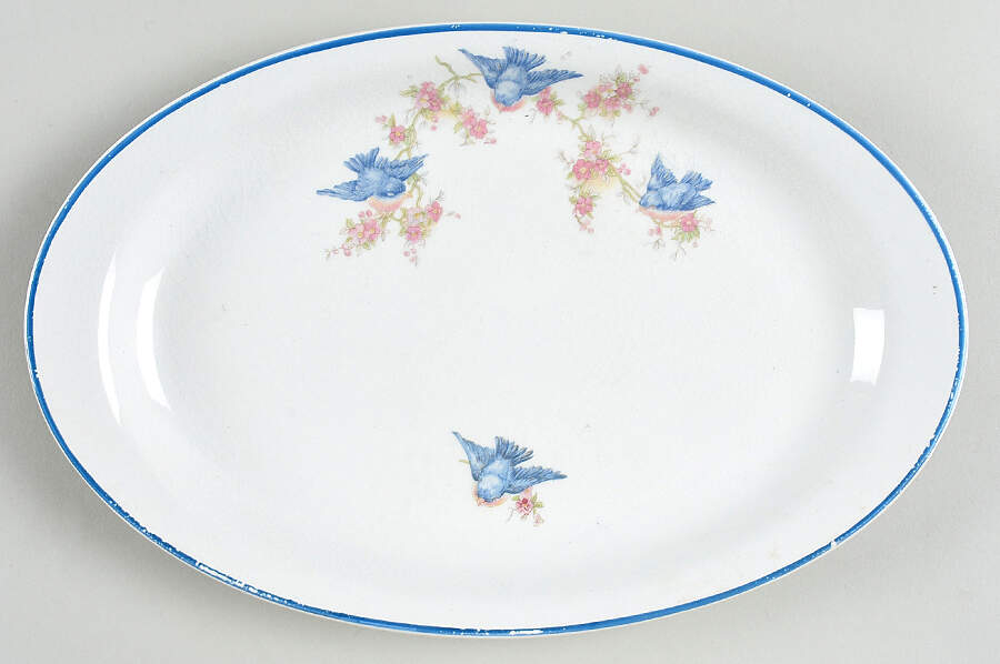 Bluebird (Blue Trim) 11" Oval Serving Platter by Homer Laughlin -1