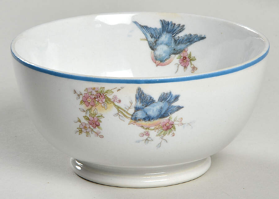 Bluebird (Blue Trim) Cranberry Bowl by Homer Laughlin -1