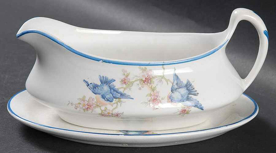 Bluebird (Blue Trim) Gravy Boat & Underplate by Homer Laughlin -1