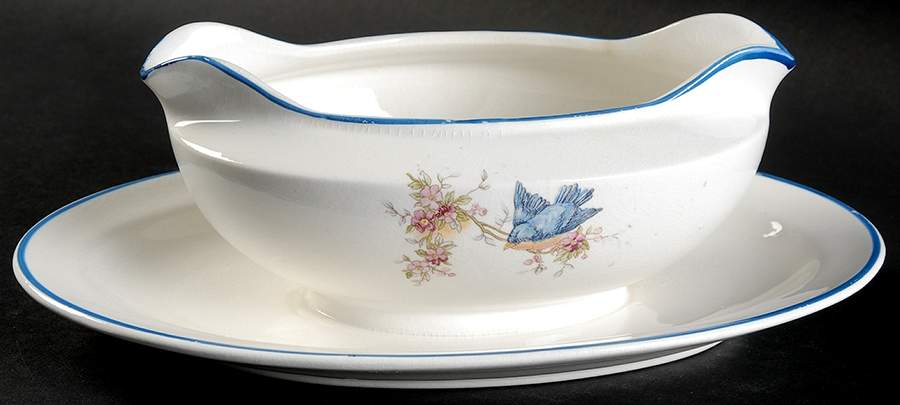 Bluebird (Blue Trim) Gravy Boat with Attached Underplate by Homer Laughlin -1