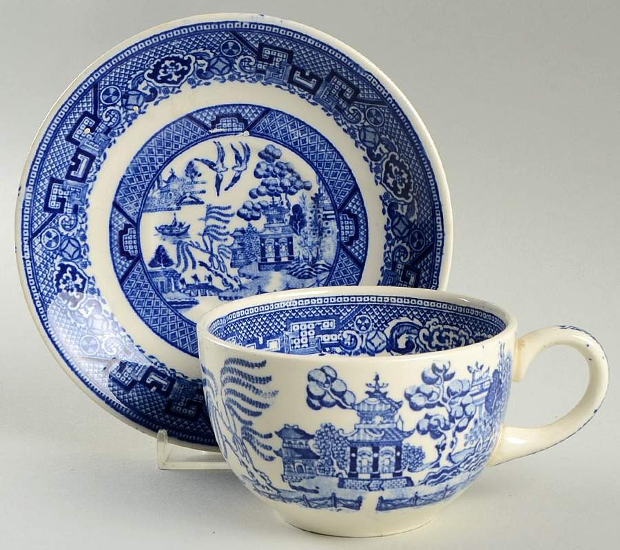 Blue Willow Flat Cup & Saucer Set by Homer Laughlin -1