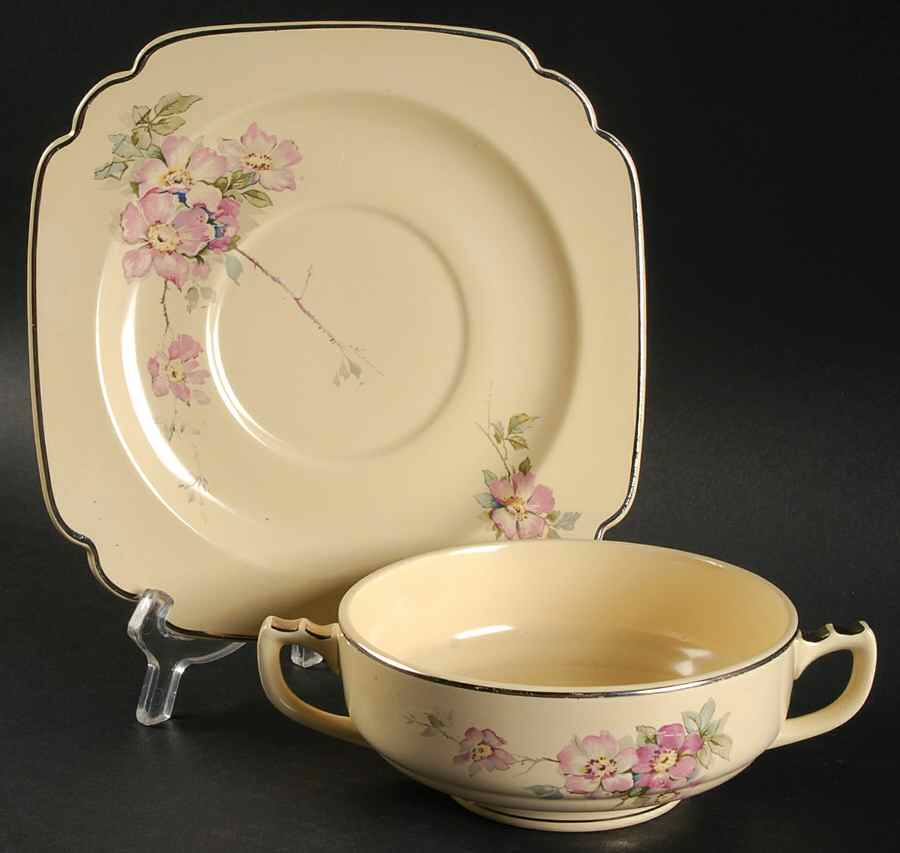 Briar Rose Footed Cream Soup Bowl & Saucer Set by Homer Laughlin -1