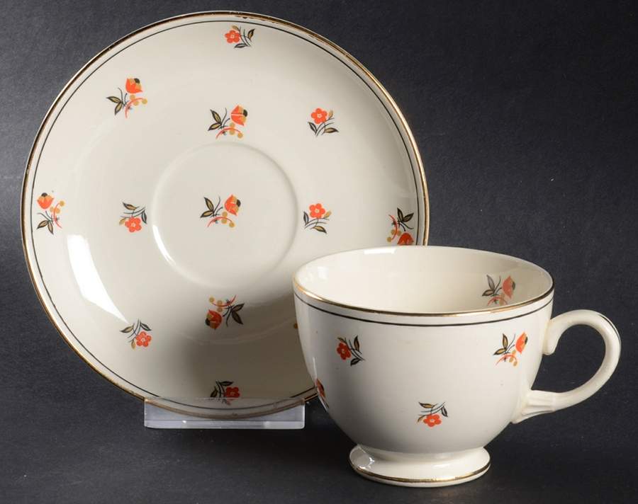 Cardinal (Red Floral, Nautilus) Footed Cup & Saucer Set by Homer Laughlin -1