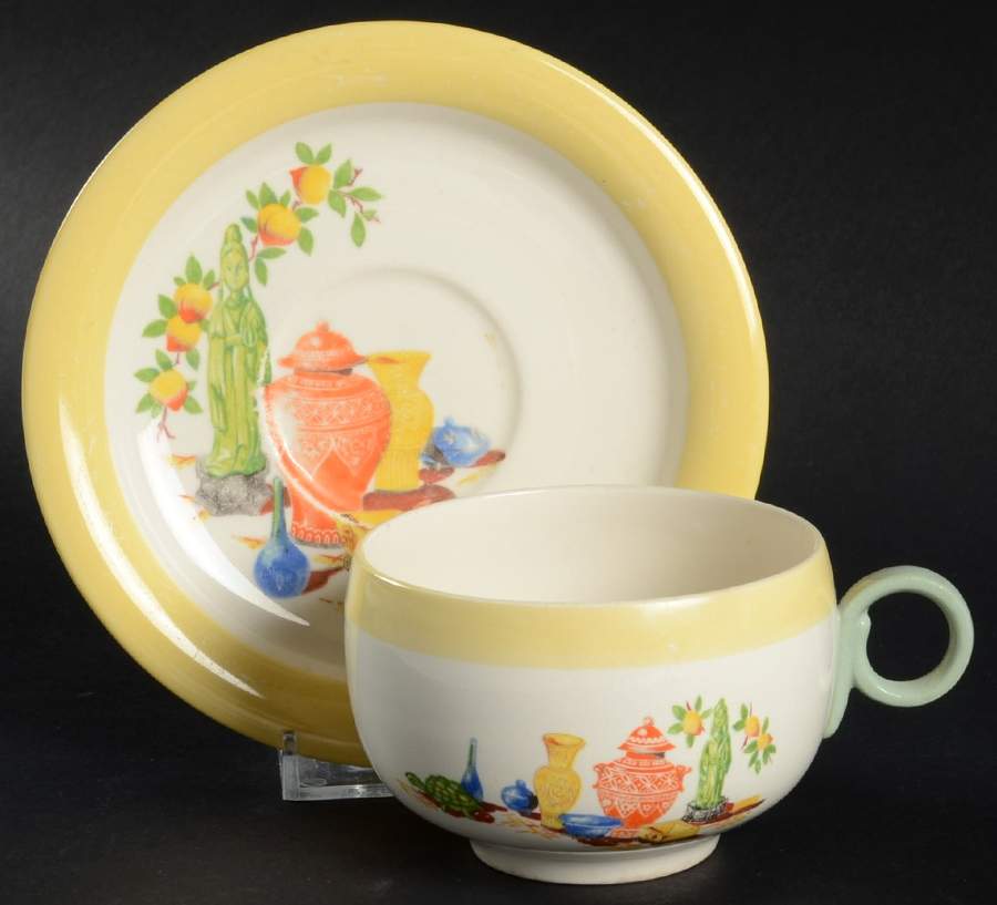 Chinese Green Godess Flat Cup & Saucer Set by Homer Laughlin -1