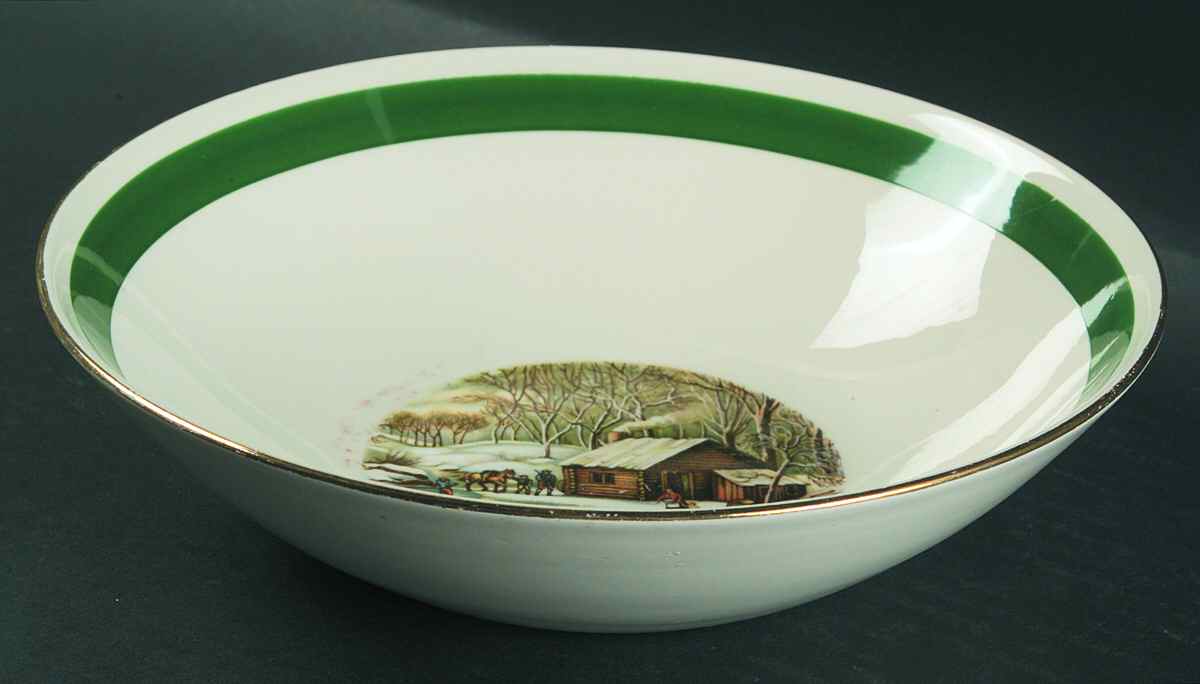 Currier & Ives (Green Band) 8" Round Vegetable Bowl by Homer Laughlin -1