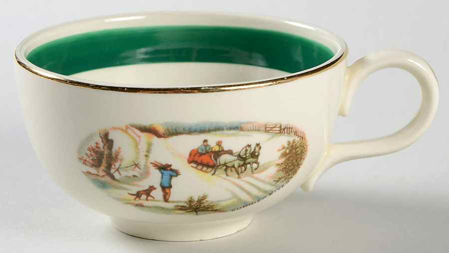 Currier & Ives (Green Band) Flat Cup by Homer Laughlin -1