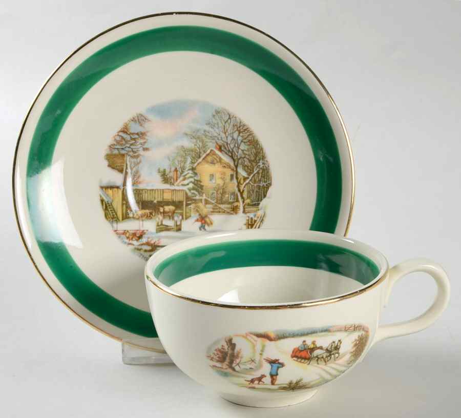 Currier & Ives (Green Band) Flat Cup & Saucer Set by Homer Laughlin -1