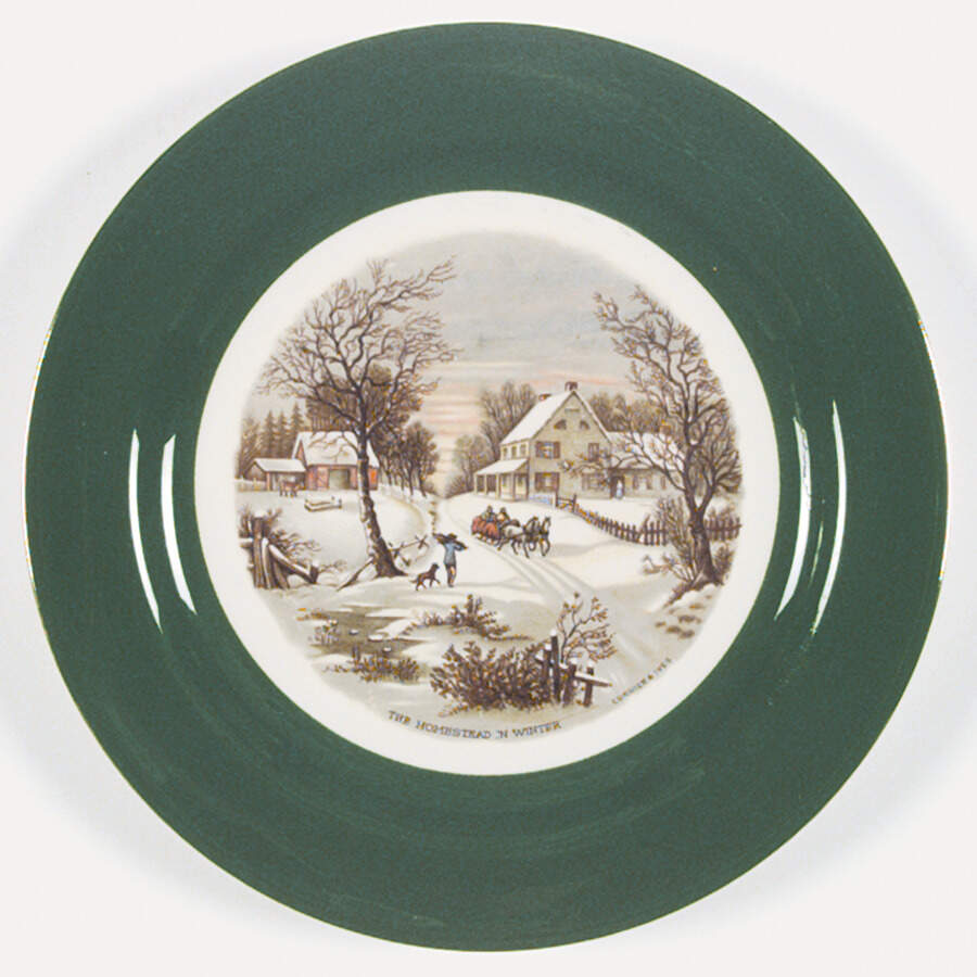Currier and Ives Green Dinner Plate by Homer Laughlin -1