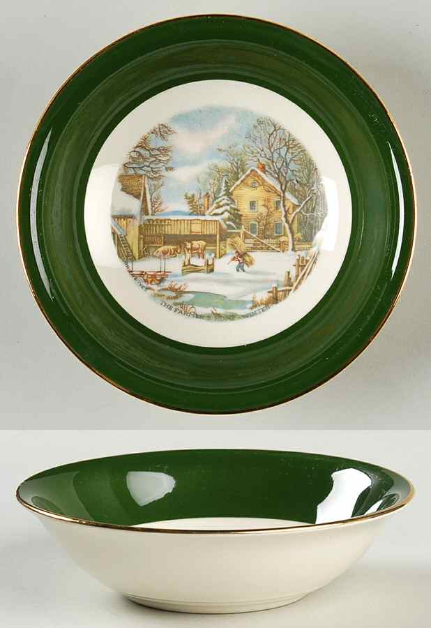 Currier and Ives Green Fruit/Dessert (Sauce) Bowl by Homer Laughlin -1