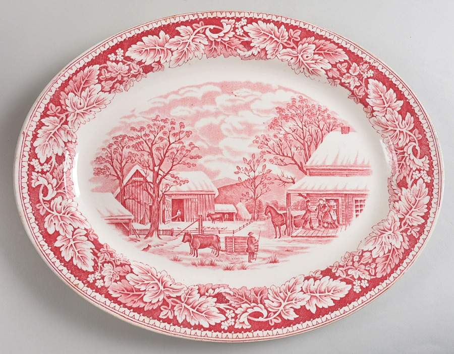 Currier & Ives Red 15" Oval Serving Platter by Homer Laughlin -1