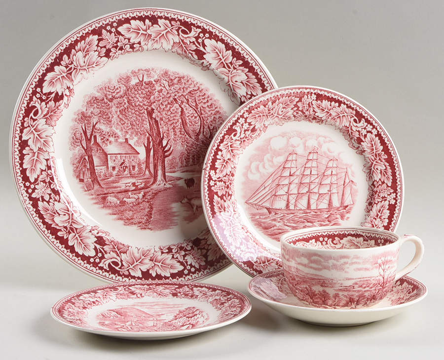 Currier & Ives Red 5 Piece Place Setting by Homer Laughlin -1