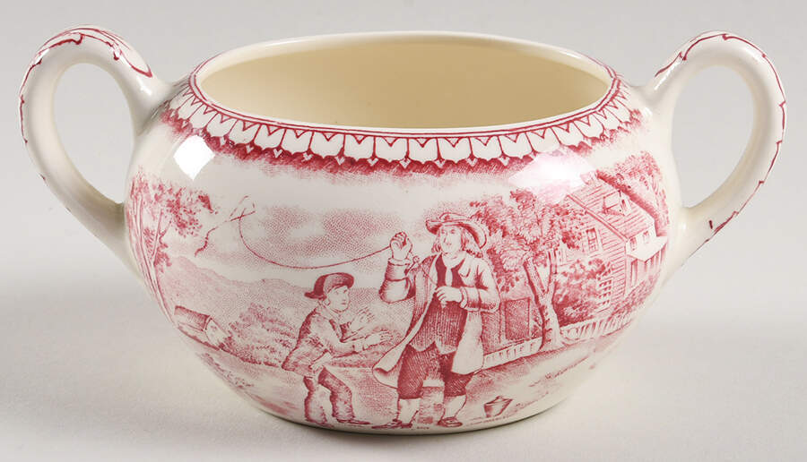 Currier & Ives Red Sugar Bowl No Lid by Homer Laughlin -1