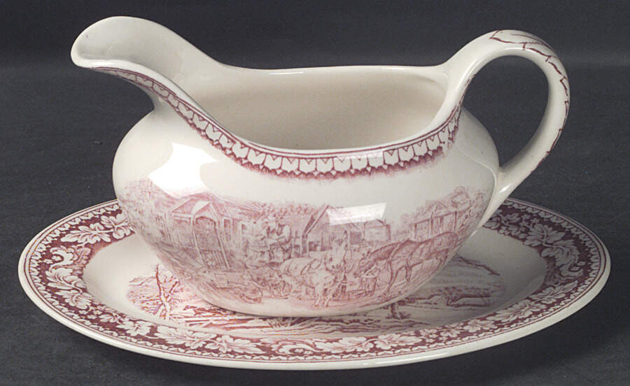 Currier & Ives Red Gravy Boat & Underplate/Relish by Homer Laughlin -1