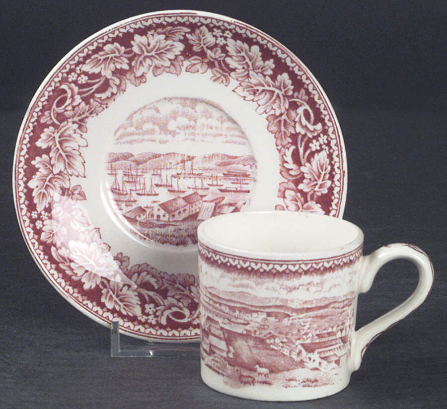 Currier & Ives Red Flat Demitasse Cup & Saucer Set by Homer Laughlin -1