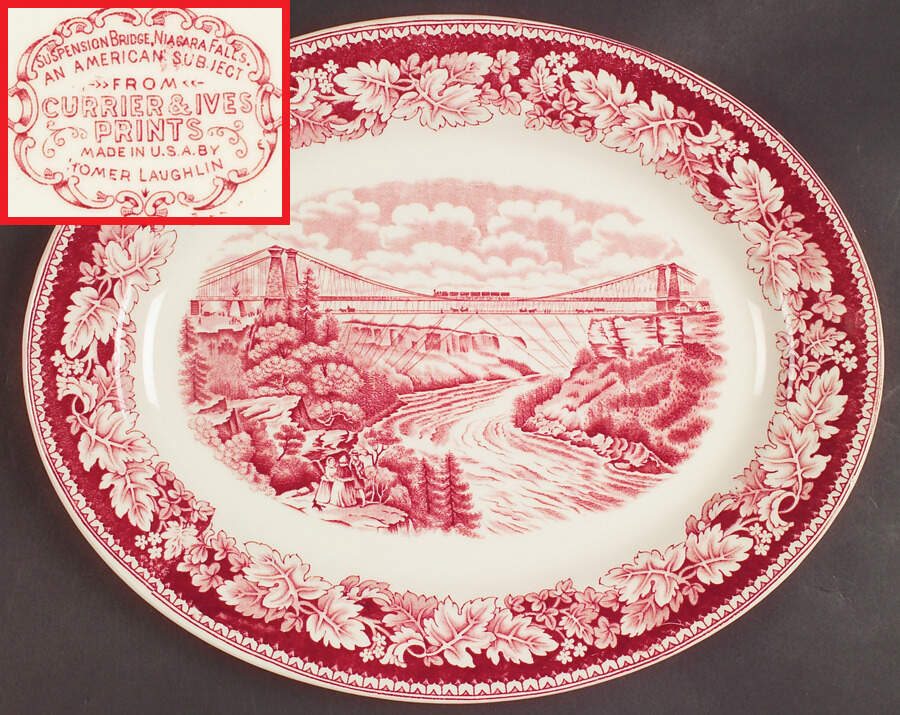 Currier & Ives Red 13" Oval Serving Platter by Homer Laughlin -1