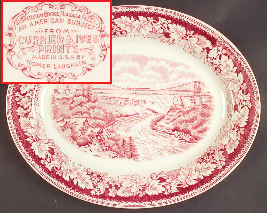 Currier & Ives Red 13" Oval Serving Platter by Homer Laughlin -1
