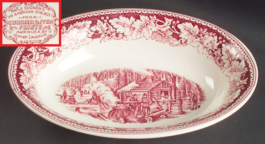 Currier & Ives Red 9" Oval Vegetable Bowl by Homer Laughlin -1