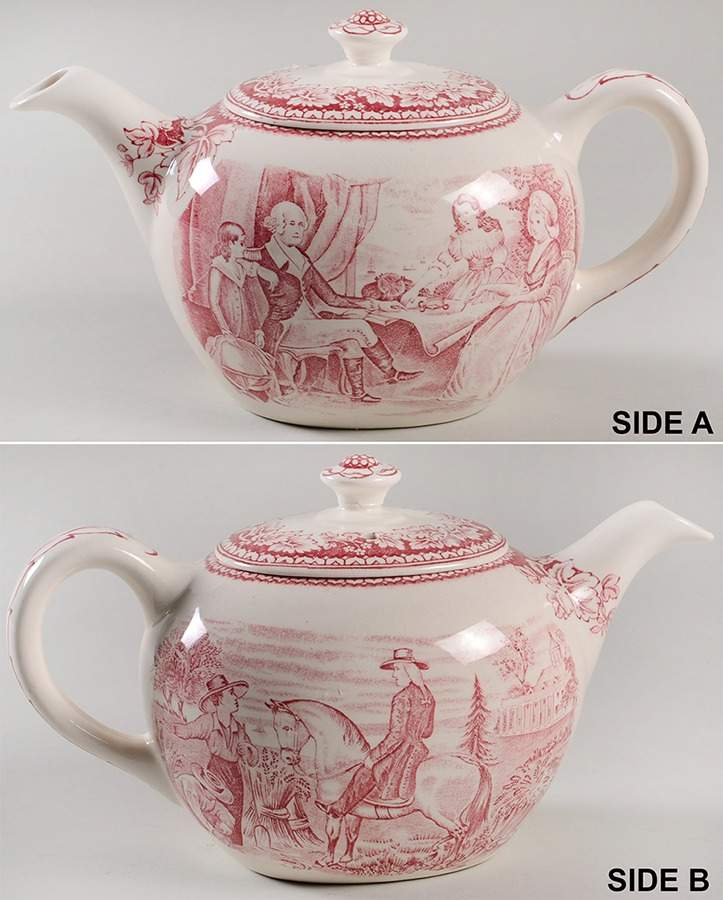 Currier & Ives Red Teapot & Lid by Homer Laughlin -1