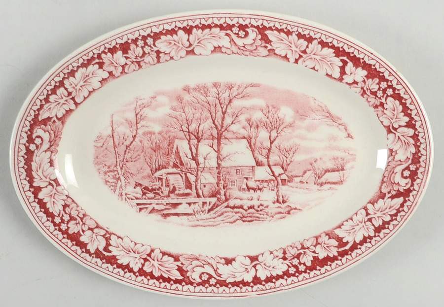 Currier & Ives Red Relish/Gravy Underplate by Homer Laughlin -1