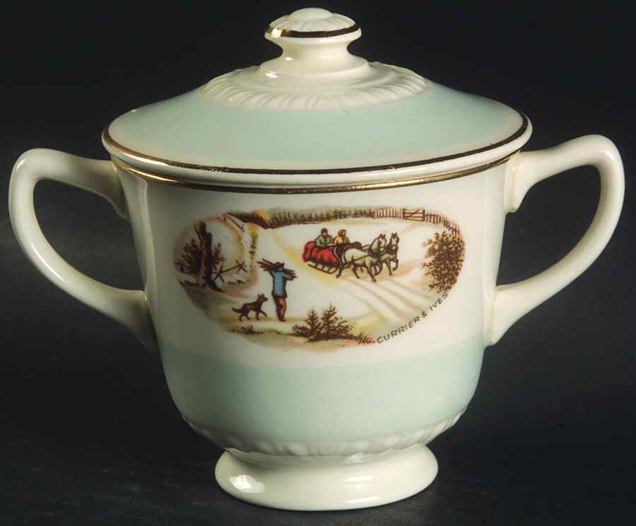 Currier & Ives Sugar Bowl & Lid by Homer Laughlin -1