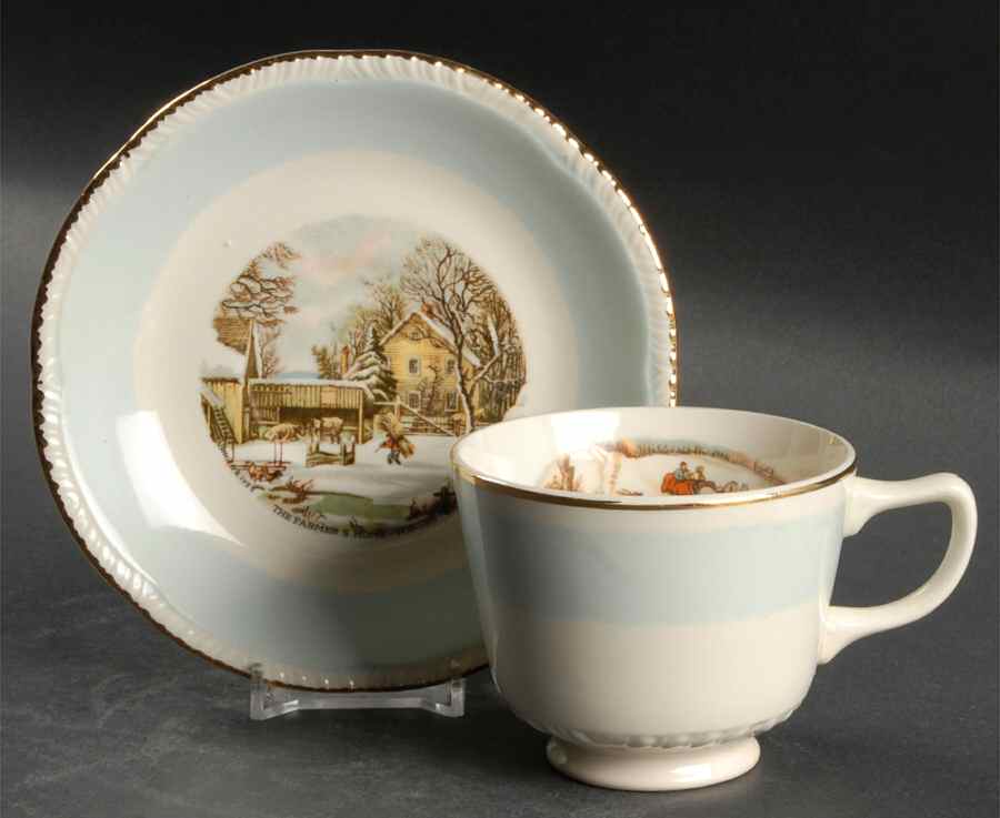 Currier & Ives Footed Cup & Saucer Set by Homer Laughlin -1