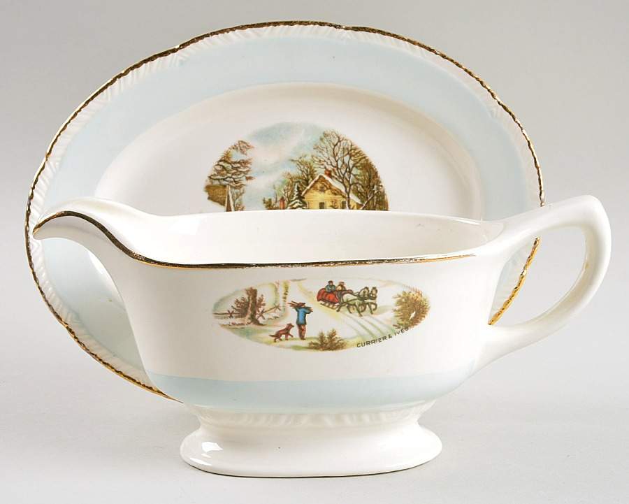 Currier & Ives Gravy Boat & Underplate/Relish by Homer Laughlin -1