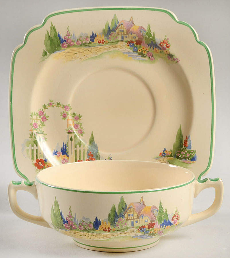 English Garden Footed Cream Soup Bowl & Saucer Set by Homer Laughlin -1