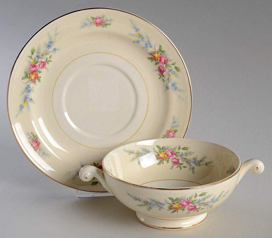 Ferndale Footed Cream Soup Bowl & Saucer Set by Homer Laughlin -1