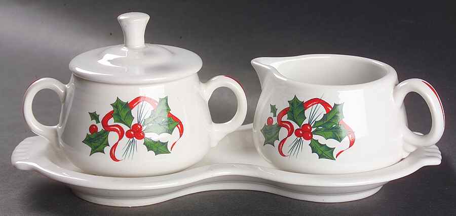 Holiday Fiesta (With Ribbon) Creamer & Sugar with Lid & Tray Set by Homer Laughlin -1