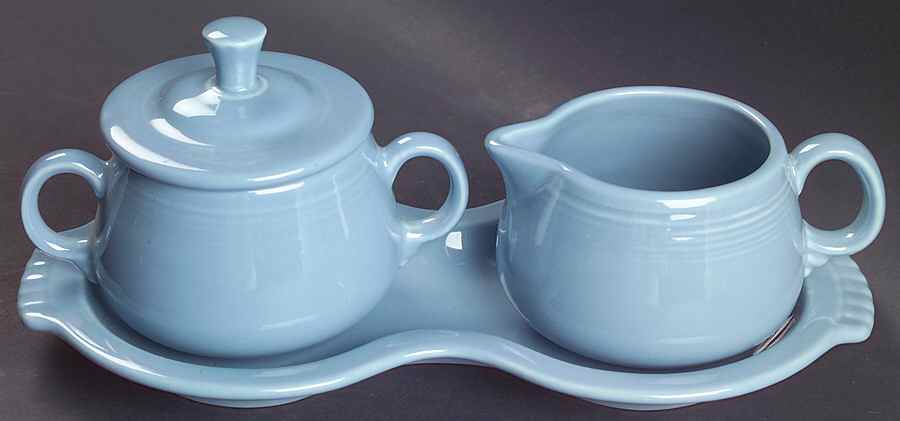 Fiesta Periwinkle Blue (Intro 1989) Creamer & Sugar with Lid & Tray Set by Homer Laughlin -1