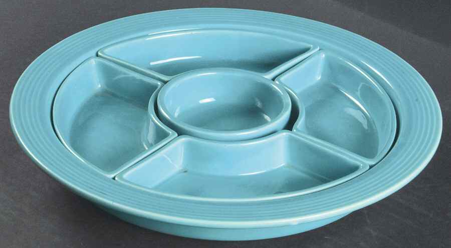 Fiesta Turquoise (Older) 6 Pc Relish Set (4 Side, 1 Center Dish on Tray) by Homer Laughlin -1