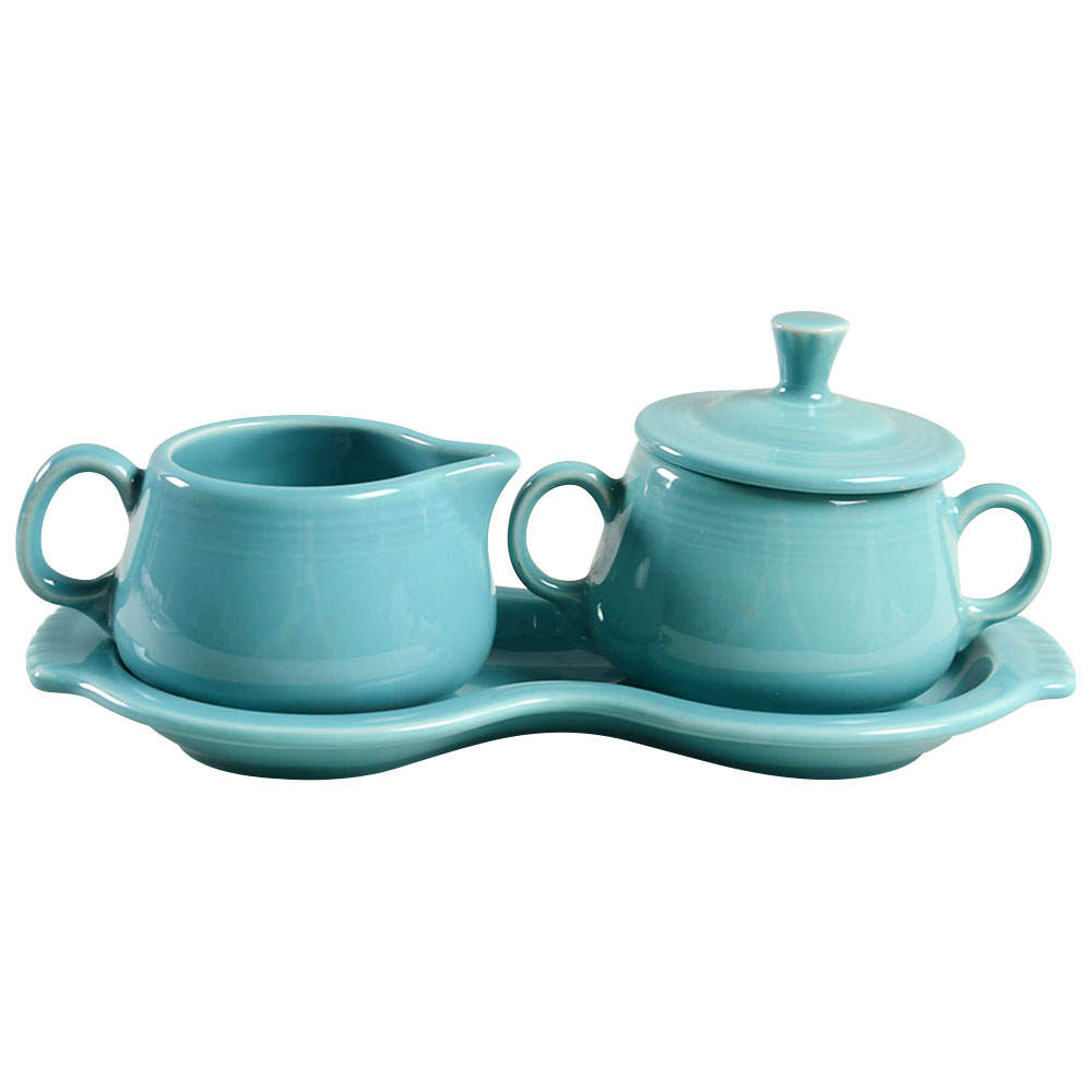 Fiesta Turquoise (Intro 1986) Creamer & Sugar with Lid & Tray Set by Homer Laughlin -1