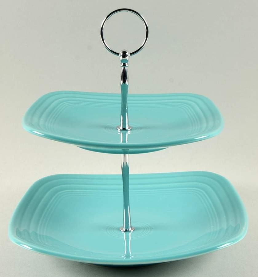Fiesta Turquoise (Intro 1986) 2 Tiered Serving Tray (Sq Luncheon & Salad Plate) by Homer Laughlin -1