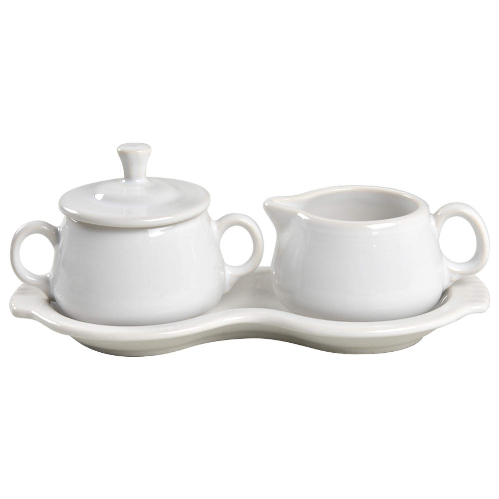 Fiesta White (Intro 1986) Creamer & Sugar with Lid & Tray Set by Homer Laughlin -1