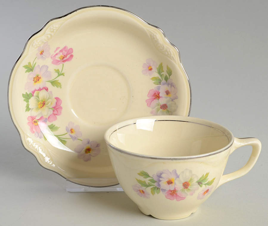 Fluffy Rose 1 (Platinum Trim) Flat Cup & Saucer Set by Homer Laughlin -1