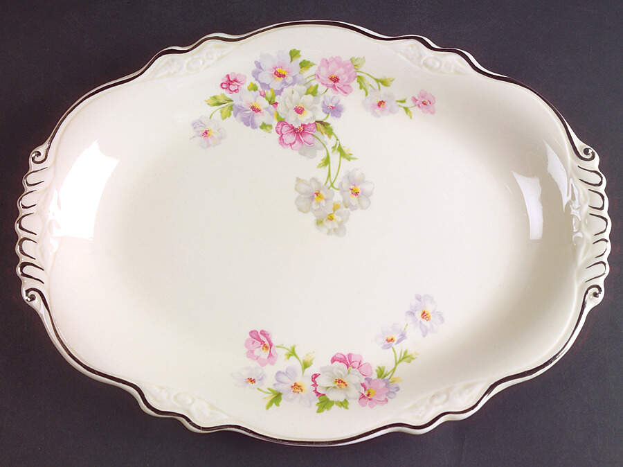 Fluffy Rose 1 (Platinum Trim) 11" Oval Serving Platter by Homer Laughlin -1