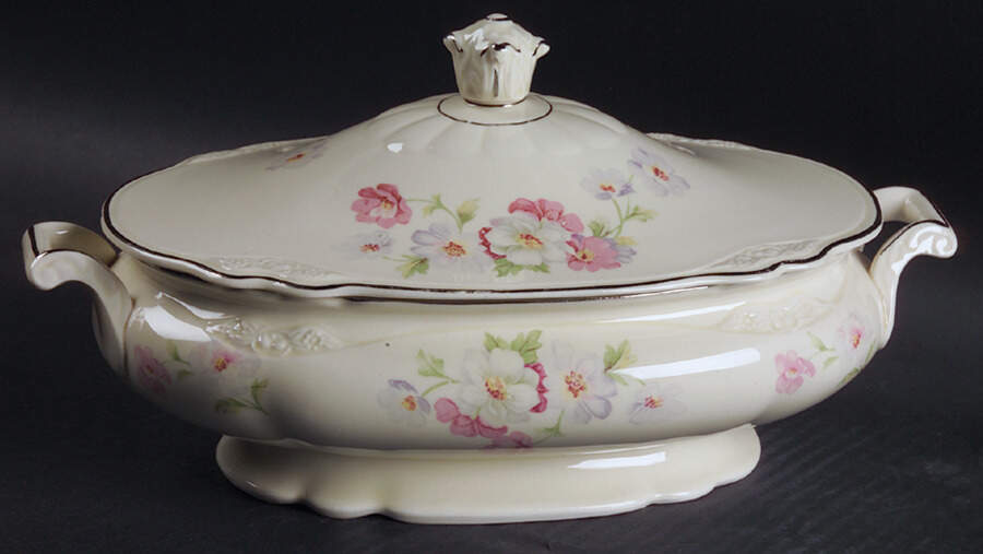 Fluffy Rose 1 (Platinum Trim) Oval Covered Vegetable by Homer Laughlin -1