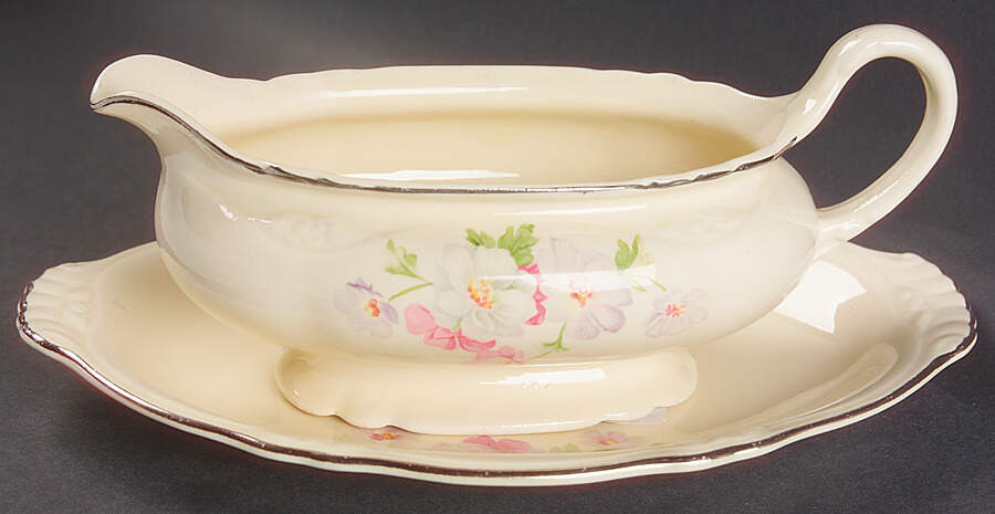 Fluffy Rose 1 (Platinum Trim) Gravy Boat & Underplate/Relish by Homer Laughlin -1