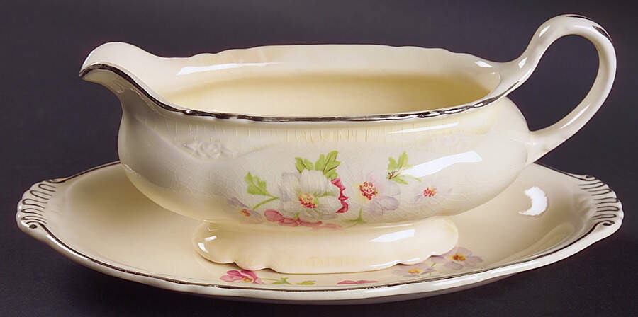Fluffy Rose 1 (Platinum Trim) Gravy Boat & Underplate/Relish by Homer Laughlin -1