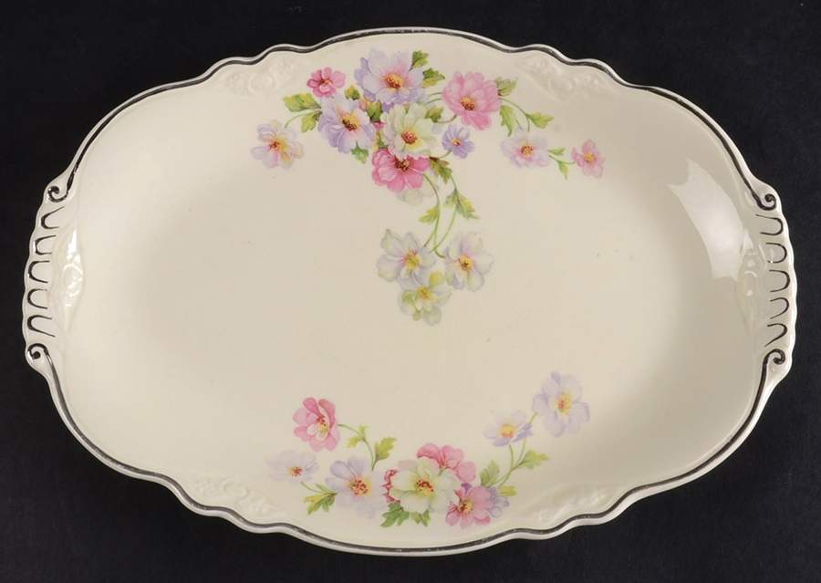 Fluffy Rose 1 (Platinum Trim) 10" Oval Serving Platter by Homer Laughlin -1