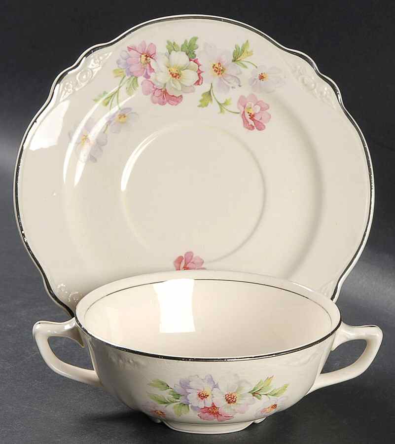 Fluffy Rose 1 (Platinum Trim) Flat Cream Soup Bowl & Saucer Set by Homer Laughlin -1