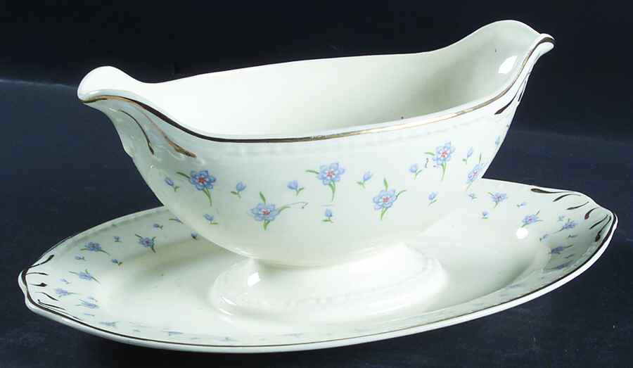 Forget-Me-Not (Gold Trim) Gravy Boat with Attached Underplate by Homer Laughlin -1